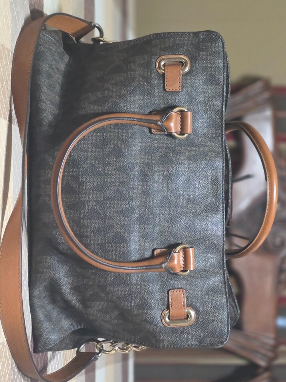Michael Kors Hamilton Large Monogram Signature Satchel Tote Shoulder Bag Brown - Picture 2 of 11